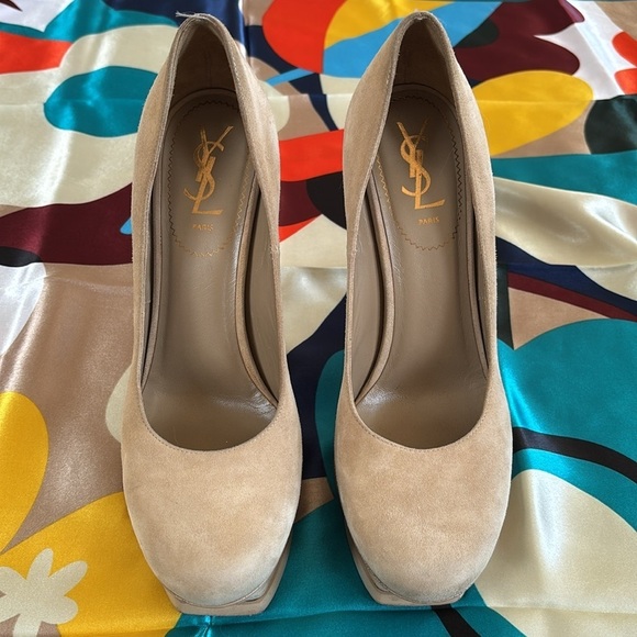 Yves Saint Laurent Suede Cream Platform Pumps Stiletto Heels Neutral Italy - Picture 2 of 16